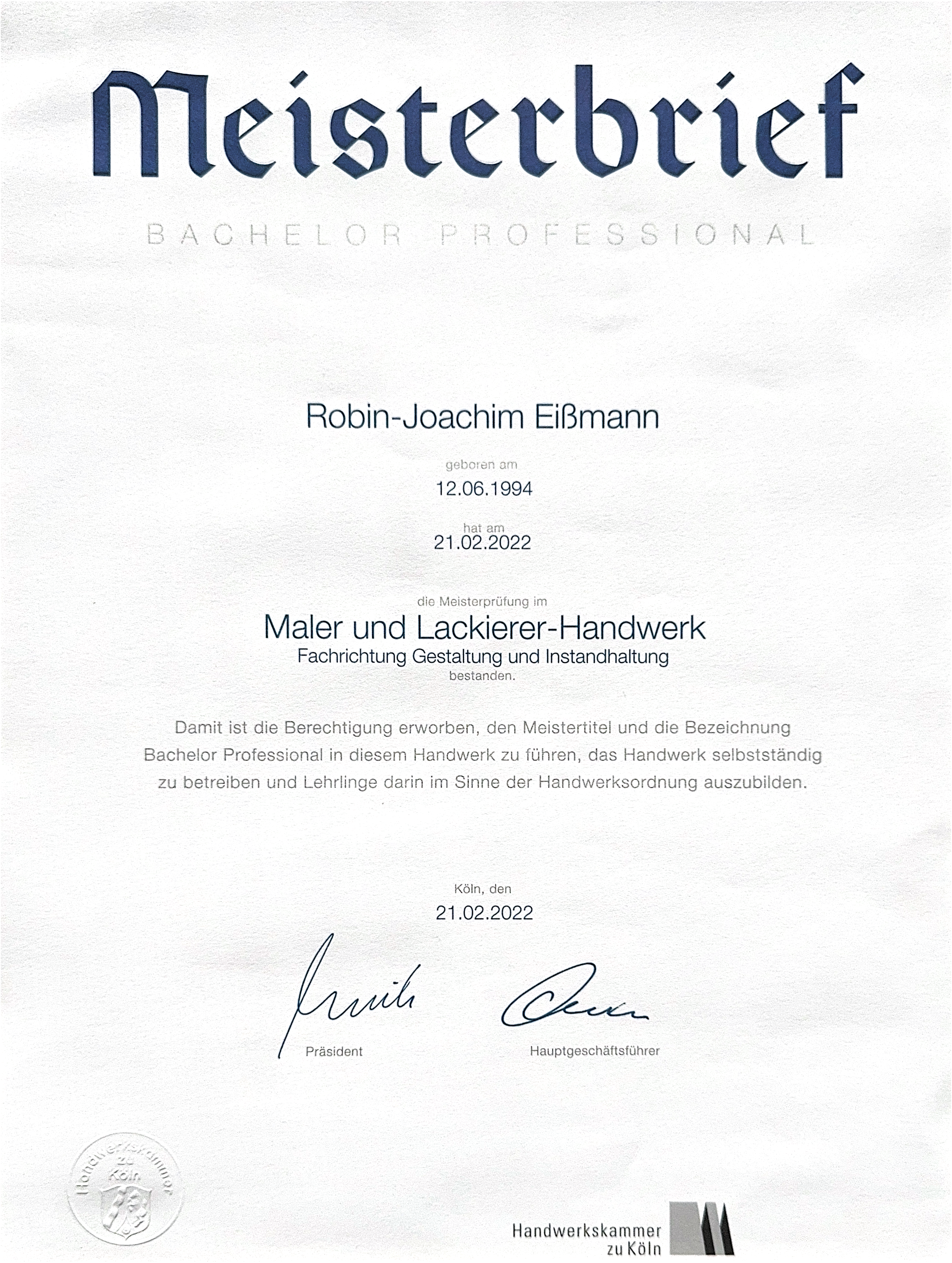Meisterbrief von Robin Eissmann